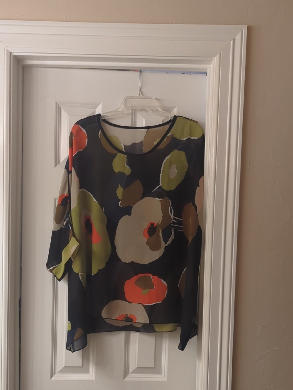 Women’s Black Floral Sheer Blouse with Olive & Orange Accents